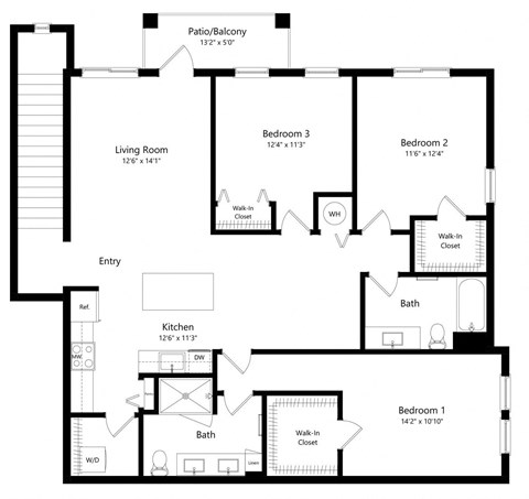 Three Bedroom Floor Plan with 1,550 Sq. Ft. at Boca Vue Luxury Apartments in Boca Raton, FL